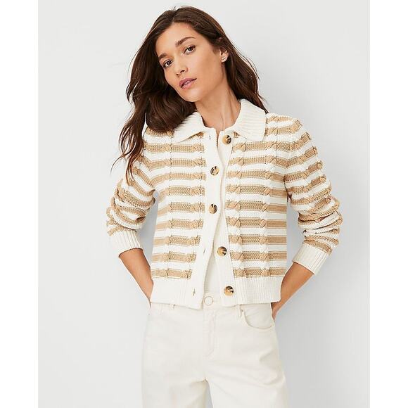 Ann Taylor Weekend Tan White Striped Cable Knit Cardigan Sweater Womens Medium - Picture 1 of 6
